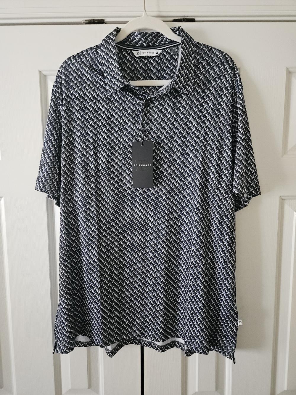 7 Diamonds Men's XL Black Gray White Geometric 4-Way Stretch Short Sleeve Polo